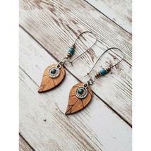 Wooden Leaf with Silver Tone &amp; Turquoise Colored Accents Earrings - New - £11.85 GBP