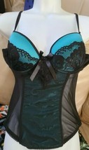 PER LEI Sexy Black &amp; Turquoise bone bustier lingerie Bra Underwire Size L - £10.84 GBP