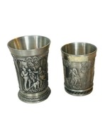 2 Old West German Pewter SKS Relief Shot Glasses Panel Scenes People Ani... - €26,69 EUR