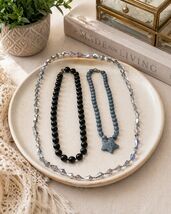 Vintage Necklace Lot Black Bead Gray Star Pendant AB Crystal Strand 3 Pi... - $22.50