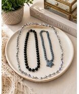 Vintage Necklace Lot Black Bead Gray Star Pendant AB Crystal Strand 3 Pi... - $22.50