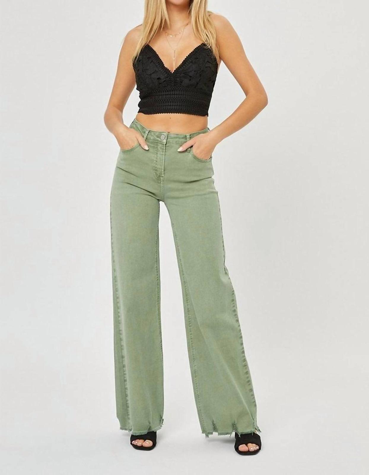 Risen High Rise Wide Leg Frayed Hem Pants Olive - $38.00