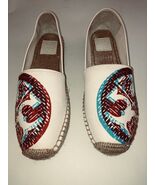 Tory Burch 3D Logo Flat Women’s White Red Blue Print Canvas Espadrille S... - $82.28 CAD