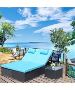 Blue 3-Pc Patio Rattan Reclining Chaise Lounge Set w/ Coffee Table - $588.08 CAD