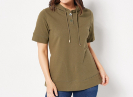 Joan Rivers French Terry Short Sleeve Hoodie - Dark Olive, XS - £16.81 GBP