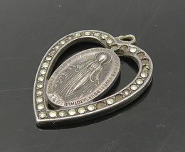 925  Silver - Vintage Marcasite Miraculous Medal Love Heart Pendant - PT17891 - £22.60 GBP