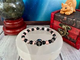 Sterling Silver Cross Charm Bracelet: Pink Zebra Jasper &amp; Black Pearl - $24.00