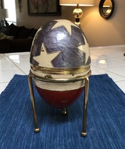 8&quot; Vintage Cloissonne Enamel Brass Patriotic American Flag Lidded Egg w/... - $38.65