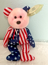 1999 TY Patriotic Bear Beanie Baby SPANGLE Pink Face 9&quot; Tag Protector - $20.10