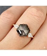 2.9 Ct Hexagon Salt And Pepper Diamond Three Stone Engagement Ring 14K R... - €3.779,00 EUR