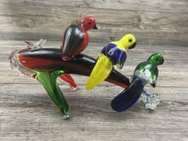 Murano Style Art Blown Glass Colorful Birds On Tree Branch 15 Inches Length - $127.71