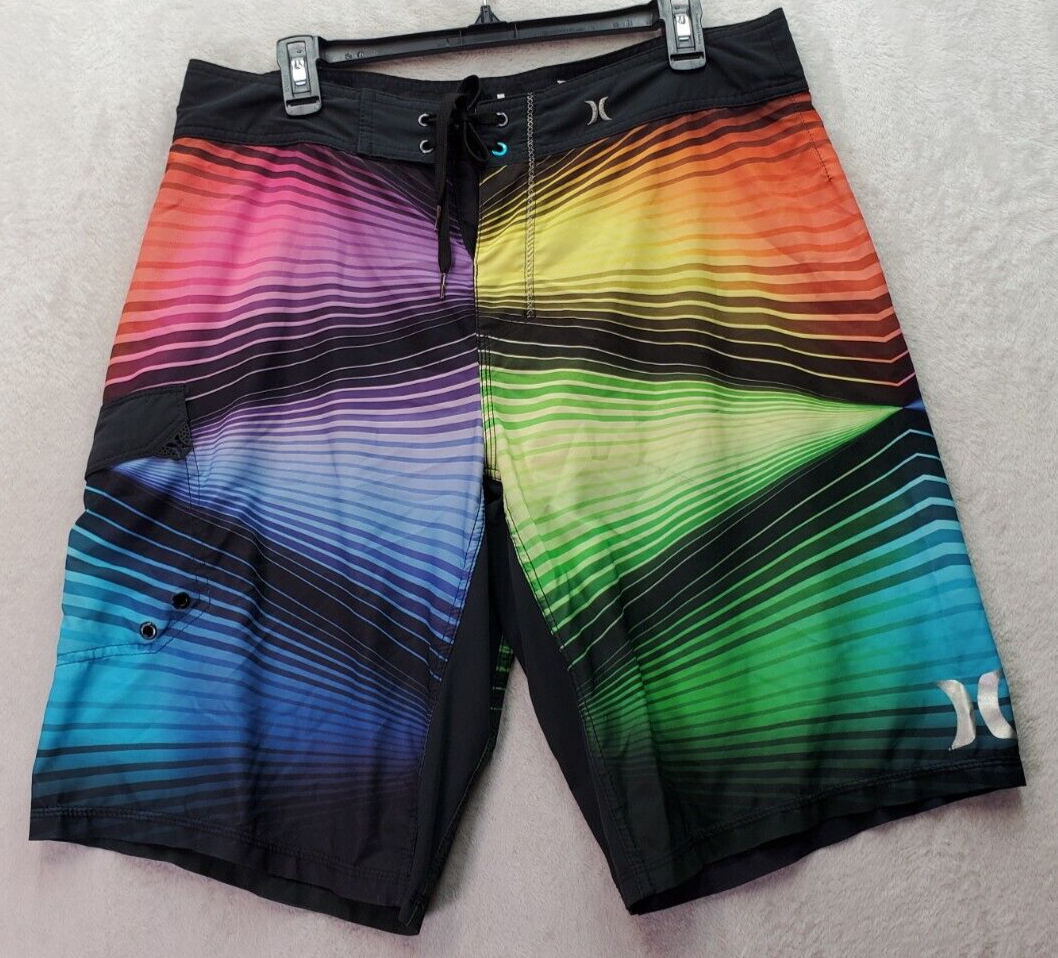 Hurley Board Shorts Men&#39;s Size 32 Multi Striped Pockets Elastic Waist Dr... - $18.46