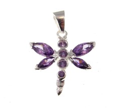 Handcrafted 925 Sterling Silver Dragonfly Pendant w/Amethyst &amp; CZ Gemstones - £21.36 GBP