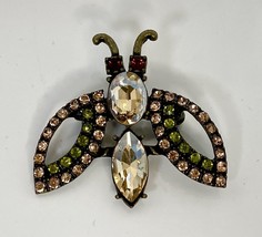 Vintage Fly Brooch Pin Multi Color Rhinestone Butterfly Insect Bug Gold Tone - £7.47 GBP