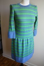 Vtg 60s Emery Knits 11 Micia Jr. Knit Green Blue Stripe Dress Union USA - £31.34 GBP