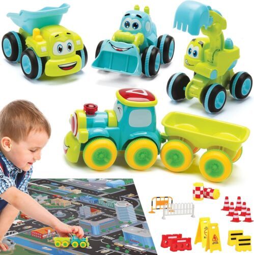 Toys for 3+ Year Old Boys: 4 Friction Powered Trucks with Playmat & Accessories