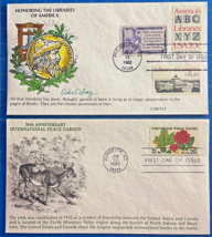 Two US 20¢ KMC Venture FDCs Libraries and Peace Garden Printed &amp; Hand Painted - £3.15 GBP