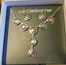 Liz Claiborne Silver Tone Necklace And Earrings Set Round With Squares i... - £14.68 GBP