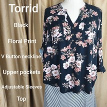 Torrid Size 2 Black Floral Print Uppers Pockets Adjustable Sleeves V Button... - £10.98 GBP