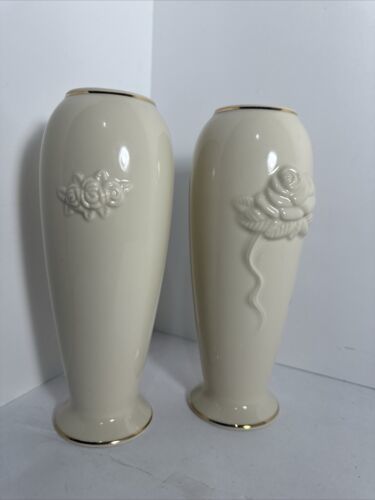 Set of 2 Lenox Embossed Rose Bud Flower Vase Ivory 7.5" Porcelain 24k Gold Trim - $20.78