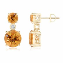 Natural Citrine Round Drop Earrings with Diamond in 14K Gold (Grade-AA , 8MM) - £437.07 GBP