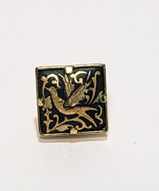 Damascene Dove Bird Square Lapel Pin Gold Tone  Black 1/2&quot; Earring - $14.84