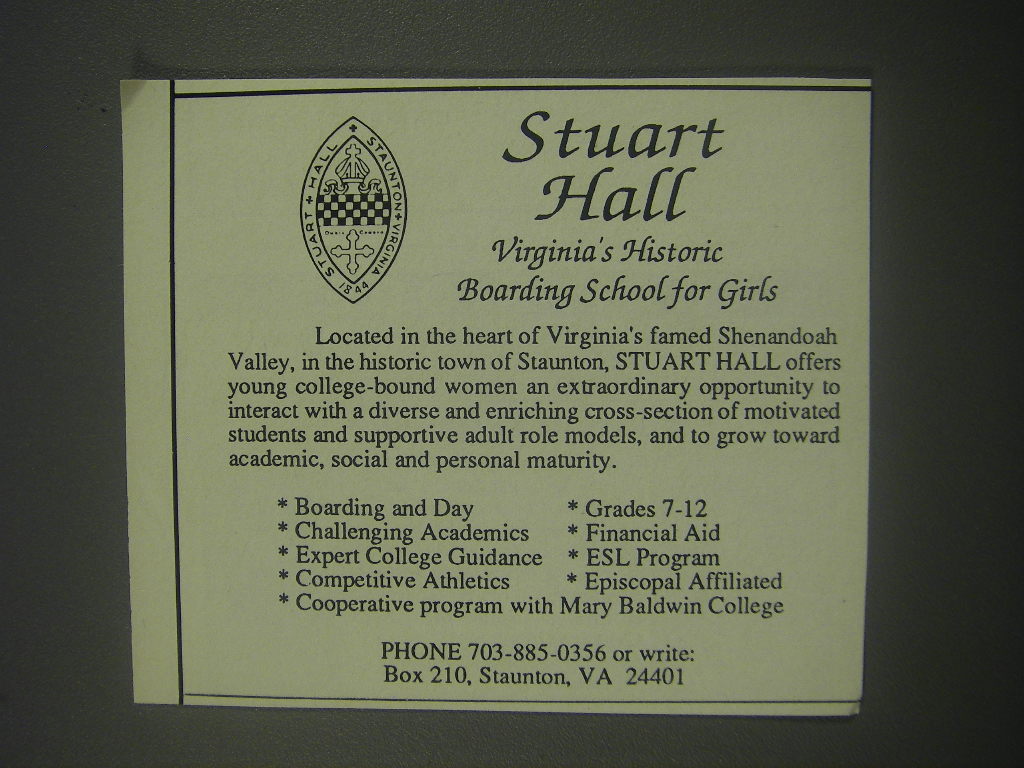 Primary image for 1991 Stuart Hall Boarding School for Girls Ad - Virginia's historic