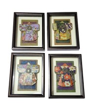 Set of 4 Old Japanese Kimono Coin Shadow Box Artisan Crafted Wall Plaques - £51.11 GBP