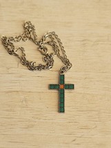 Vintage Necklace Blue Green Aqua Crucifix Cross Textile Design on Chain - $27.24