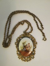 Vintage Cameo Style Pendant Necklace Gold Tone Brass  Open Work 24&quot; Long... - £34.65 GBP