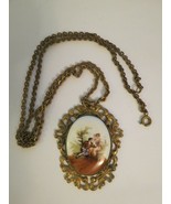 Vintage Cameo Style Pendant Necklace Gold Tone Brass  Open Work 24&quot; Long... - £34.60 GBP