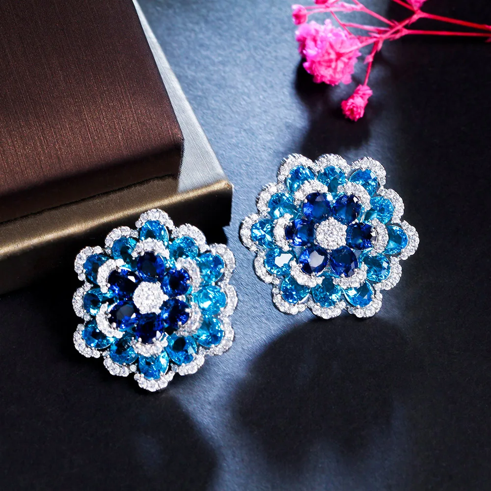 Art Deco Multiple Blooming Flower Blue Cubic Zircon Big Fancy Geometric Earrings - £21.18 GBP
