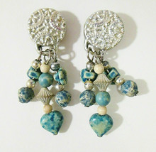 Country Western Blue Spongeware Finish Beaded Dangle Earrings Silver Ton... - $7.00