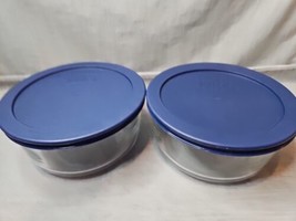 Lot of 2 Pyrex 7201 1 QT/950 mL Glass Food Container 6&#39;&#39; Blue Lids - $18.99