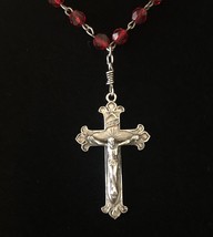 Vtg Sterling Crucifix Pendant Necklace with Ruby Red Crystals - £91.94 GBP