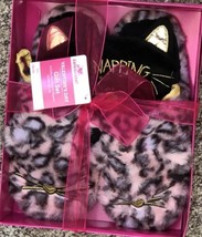 Ladies Plush Pink Black Cat Slippers Animal Print Size 7-8 &amp; Kitten Sleep Mask - £14.09 GBP