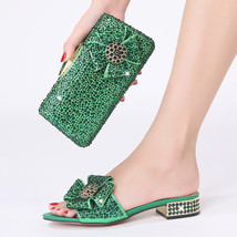 Green Italian Design Sandals Low 3 CM Women With Rhinestones Shoes And Bag Sets - £86.30 GBP