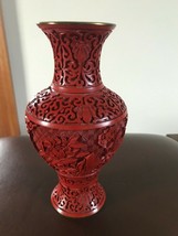 Vintage Asian Deeply Carved Red Cinnabar Poppy Spikey Flowers Vase w Blue Enamel - £52.76 GBP
