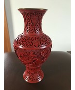 Vintage Asian Deeply Carved Red Cinnabar Poppy Spikey Flowers Vase w Blu... - $66.02