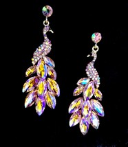 Pink Peacock Earrings, Colorshift Drop Earrings, Rhinestone Chandelier Earrings, - £31.68 GBP