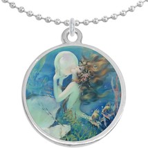 Vintage Mermaid with Pearl Round Pendant Necklace Beautiful Fashion Jewelry - £8.60 GBP