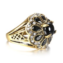 Hot Boho Ring For Women Black Stone Flower Antique Gold Vintage Ring Fashion Jew - £6.26 GBP