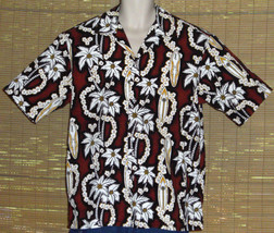 Q Fashion Hawaiian Shirt Red White Gold Surfboards Leis Palm Trees Size XL - £15.56 GBP