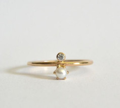 14k Solid Gold Cultured Freshwater Pearl And Diamond, Feminine And Timeless Ring - £439.55 GBP