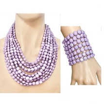 Multilayer Multi-rolls Lavender Beads Statement Necklace Bracelet Earrings Set - $39.90
