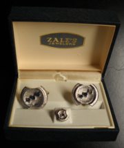 Zale&#39;s Cuff Links and Tie Tack Shield Blue Stones Silver Tone Missing Stone Box - £11.78 GBP