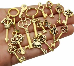 10 Skeleton Key Pendants Antiqued Gold Assorted Steampunk Charms Wedding Keys - £5.58 GBP