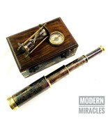 Antique Brass Telescope with Sand Timer &amp; Compass in Wooden Box Gift Set... - £49.03 GBP