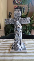 Large Vintage Aluminum Christ on the Cross with Mary Magdalene Table Cru... - $121.36
