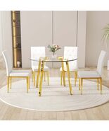 Modern Round Glass Dining Set - Gold Legs, White Chairs - $964.01 CAD